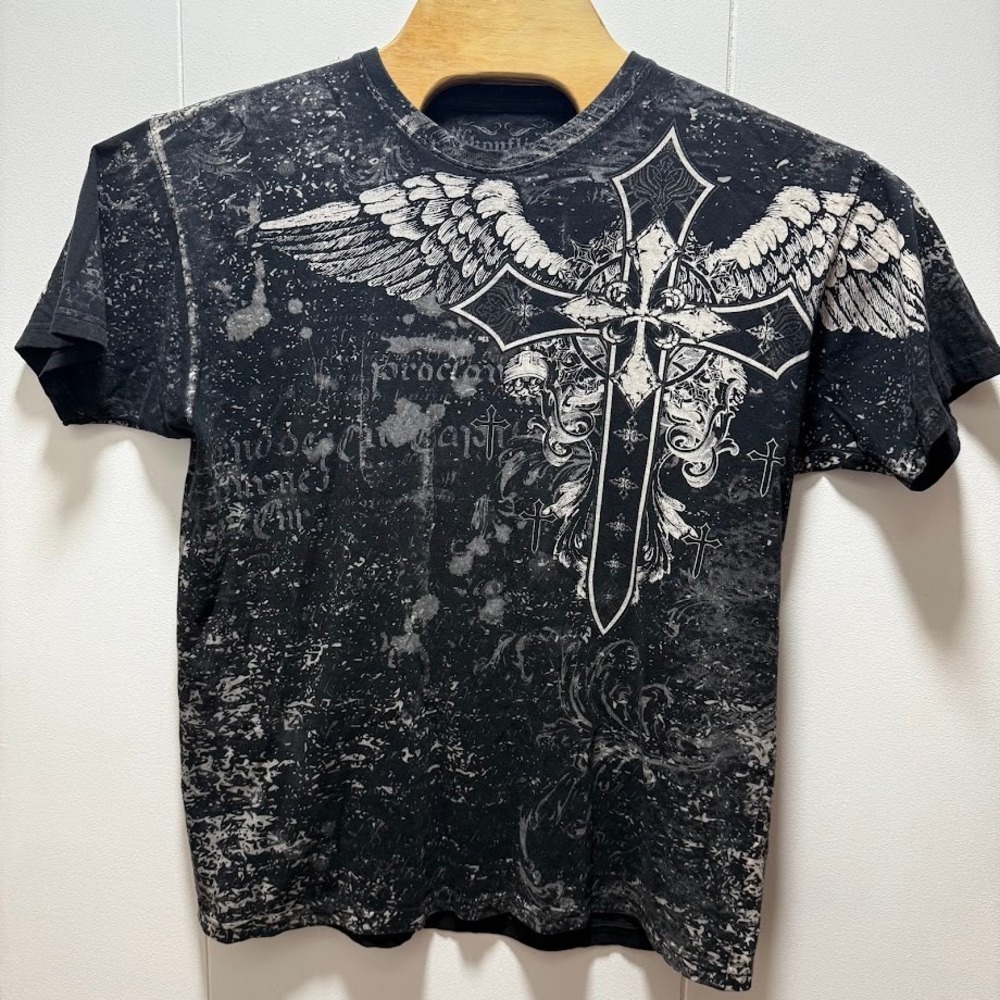 Konflic Mens XL Black Gothic Cross Angel Wings Graphic T-Shirt All Over Print